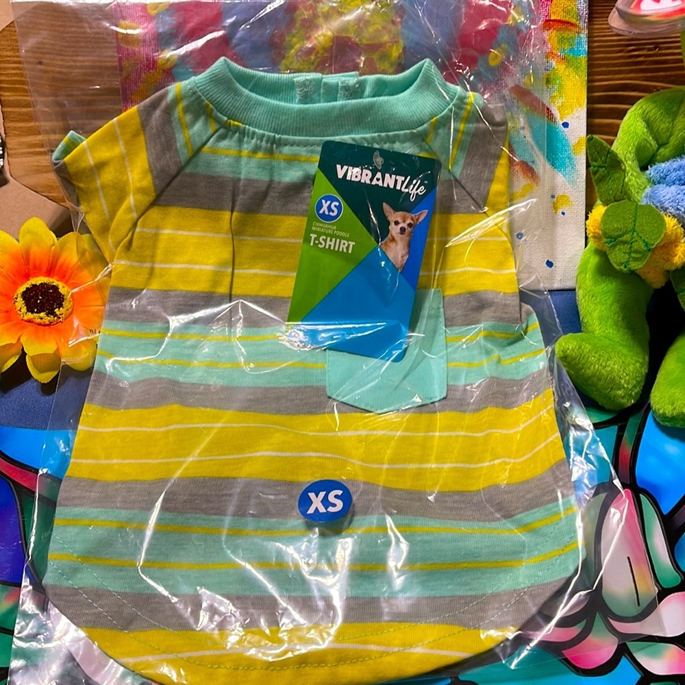 Vibrant Life Dog pet T-shirt stripes blue/green yellow gray Size XS